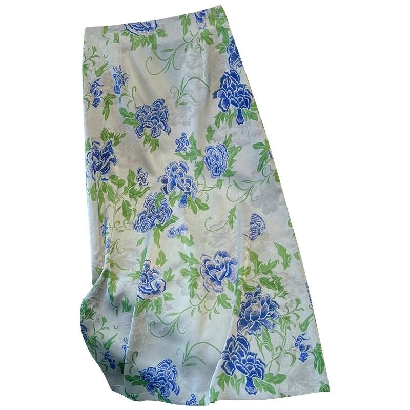 Vintage Floral Midi Skirt – Silky Satin, Elastic Waist