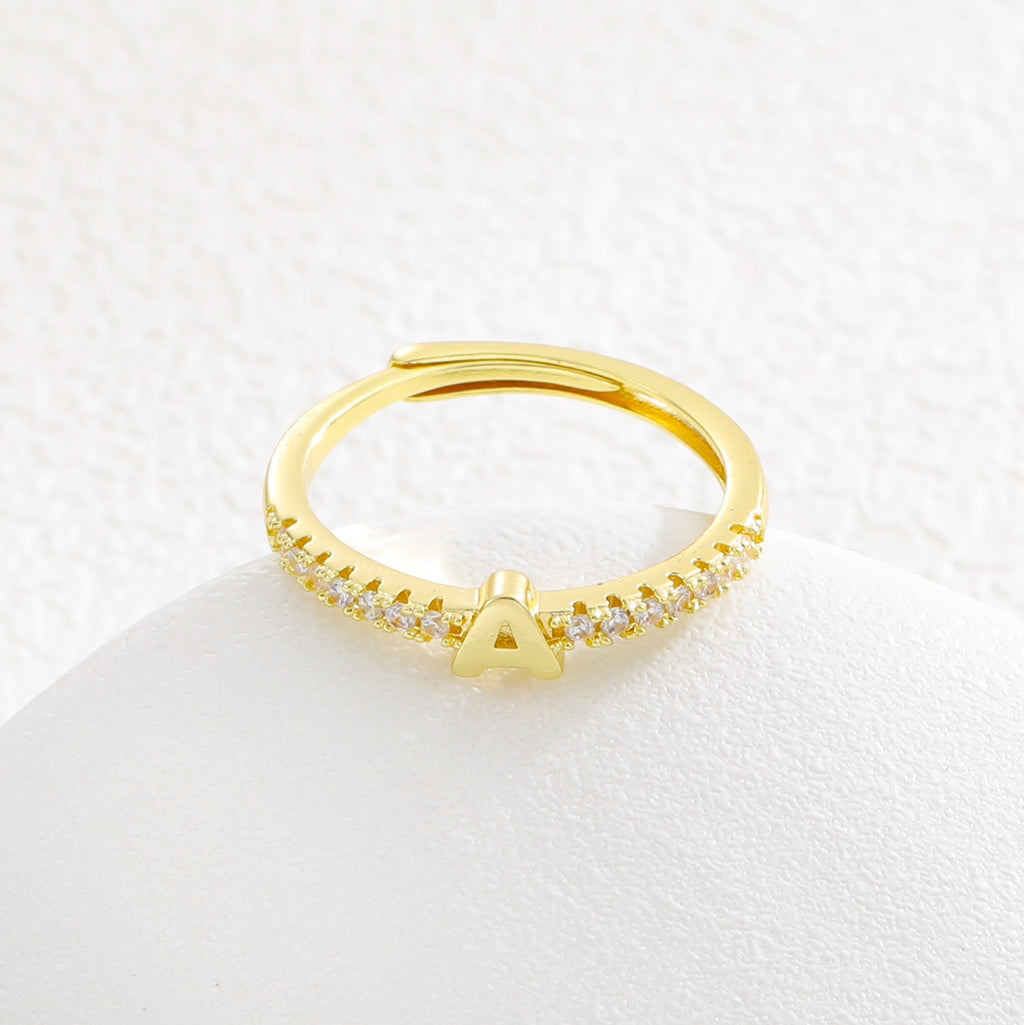 Personalized Initial Ring - Gold Plated Open Band with Sparkling Cubic Zirconia