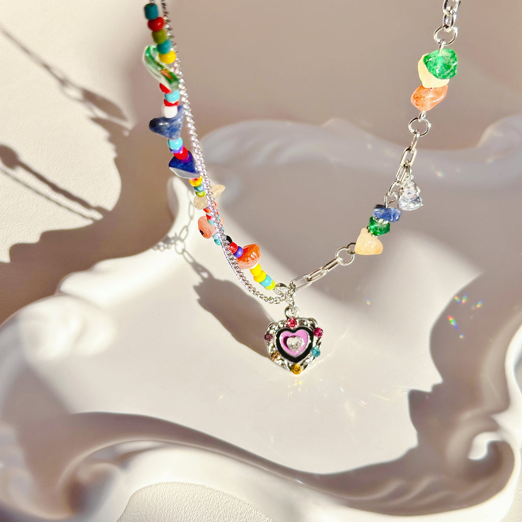 The Rainbow Heart Pendant | Multi-Gemstone Heart Necklace in Titanium Steel