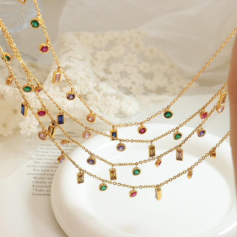 The Chromatic Fringe Set - Multi-Color Zircon Necklace & Titanium Steel Bracelet