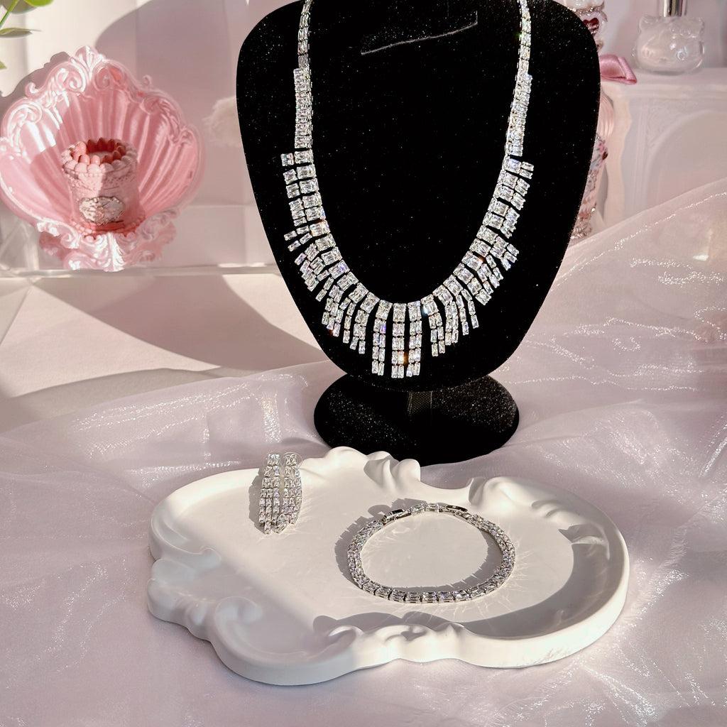 Double Layer Diamond Necklace Bracelet Earrings Set | Sapphire Ruby Emerald White Gemstone Jewelry Trio