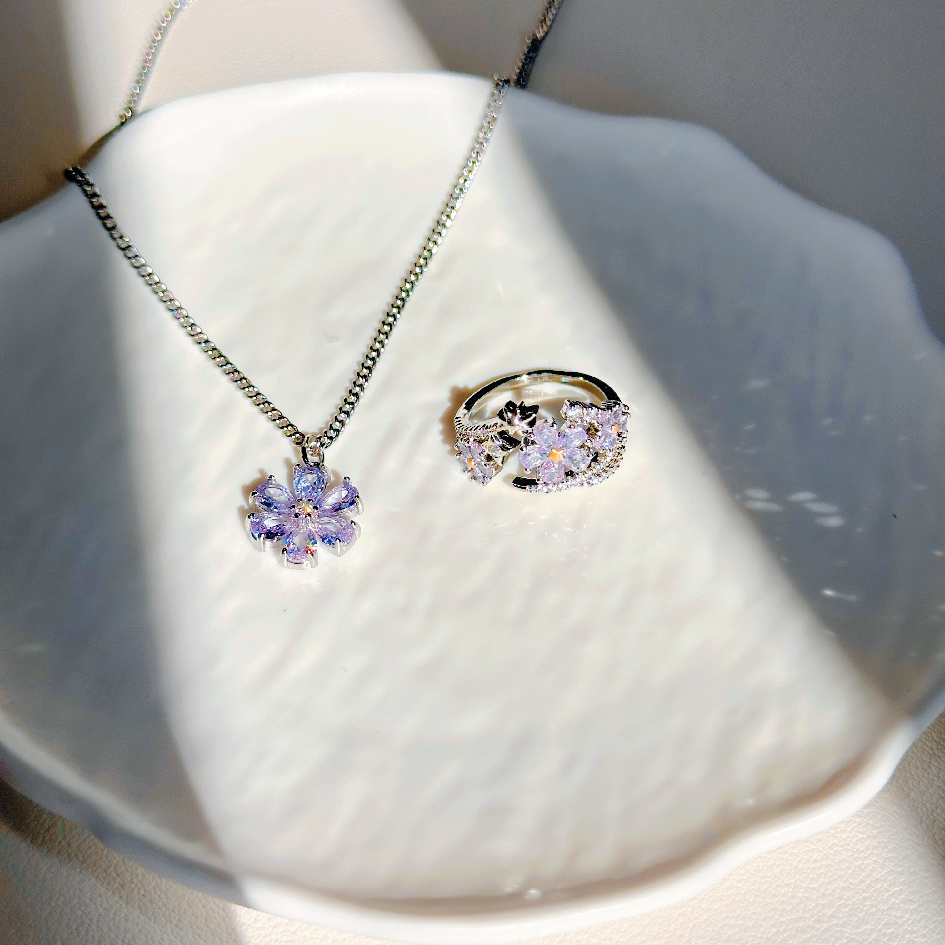 Starbloom Duo – Shen Xinghui Aster Flower Ring & Purple Lilac Necklace | Celestial Jewelry Set