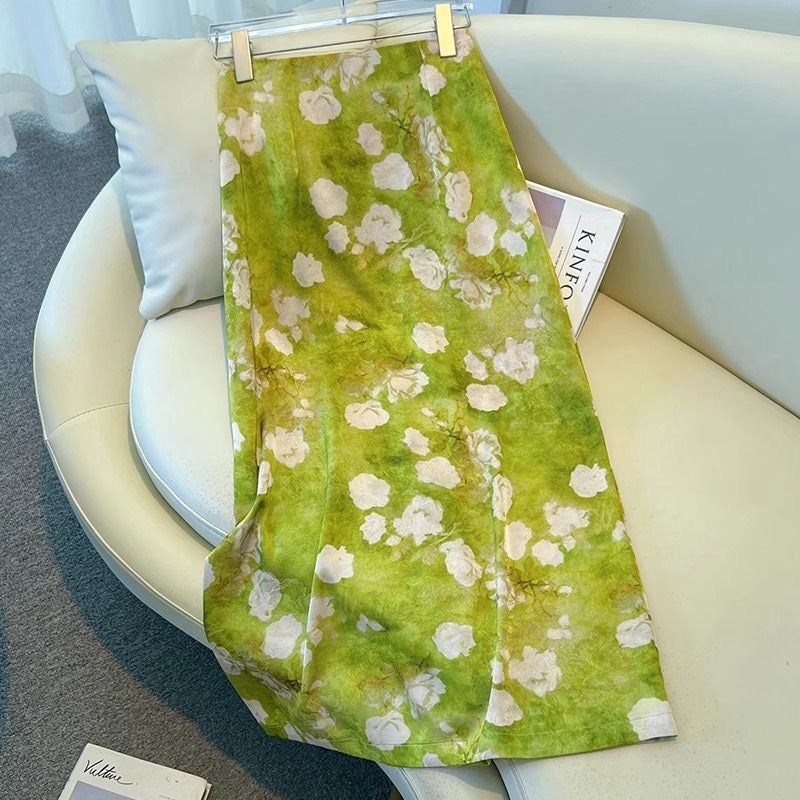 Vintage Floral Midi Skirt – Silky Satin, Elastic Waist