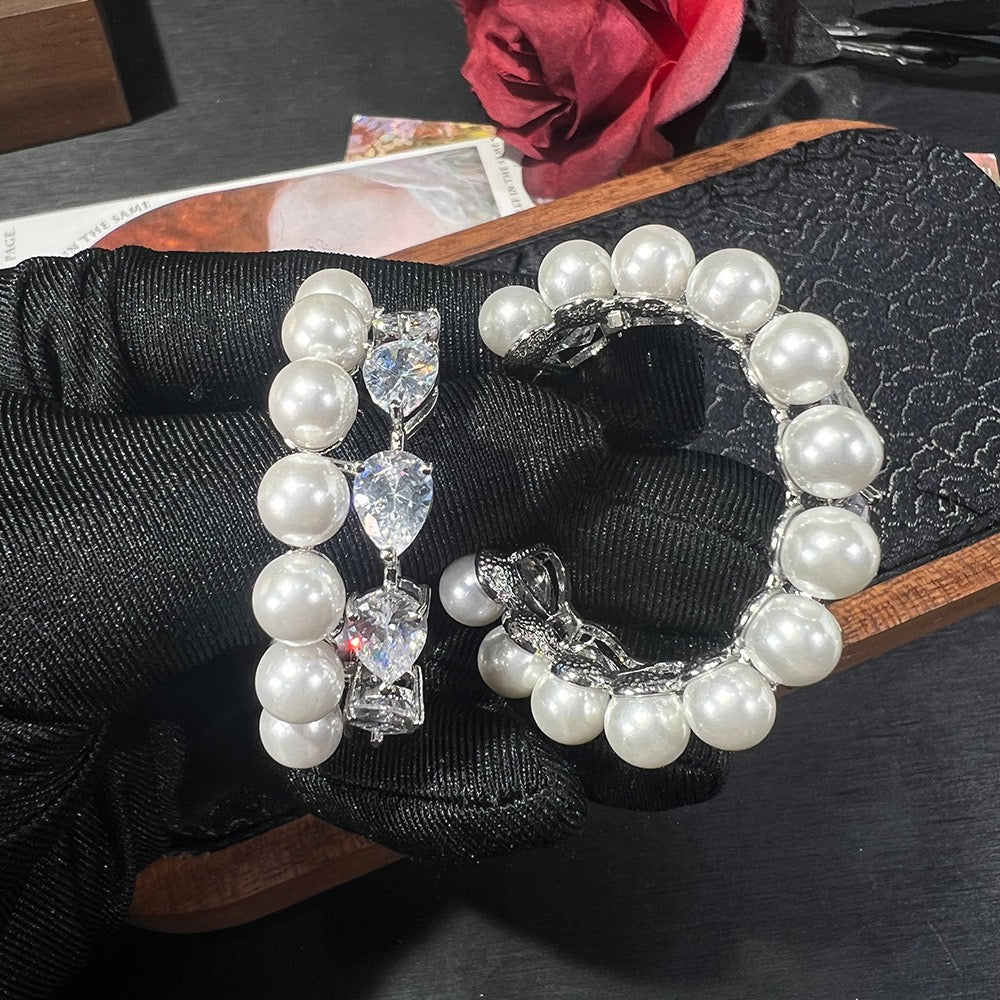 Pale Luna Runway Halo: Pavé Diamond C-Hoop Pearl Earrings | S925 Sterling Silver