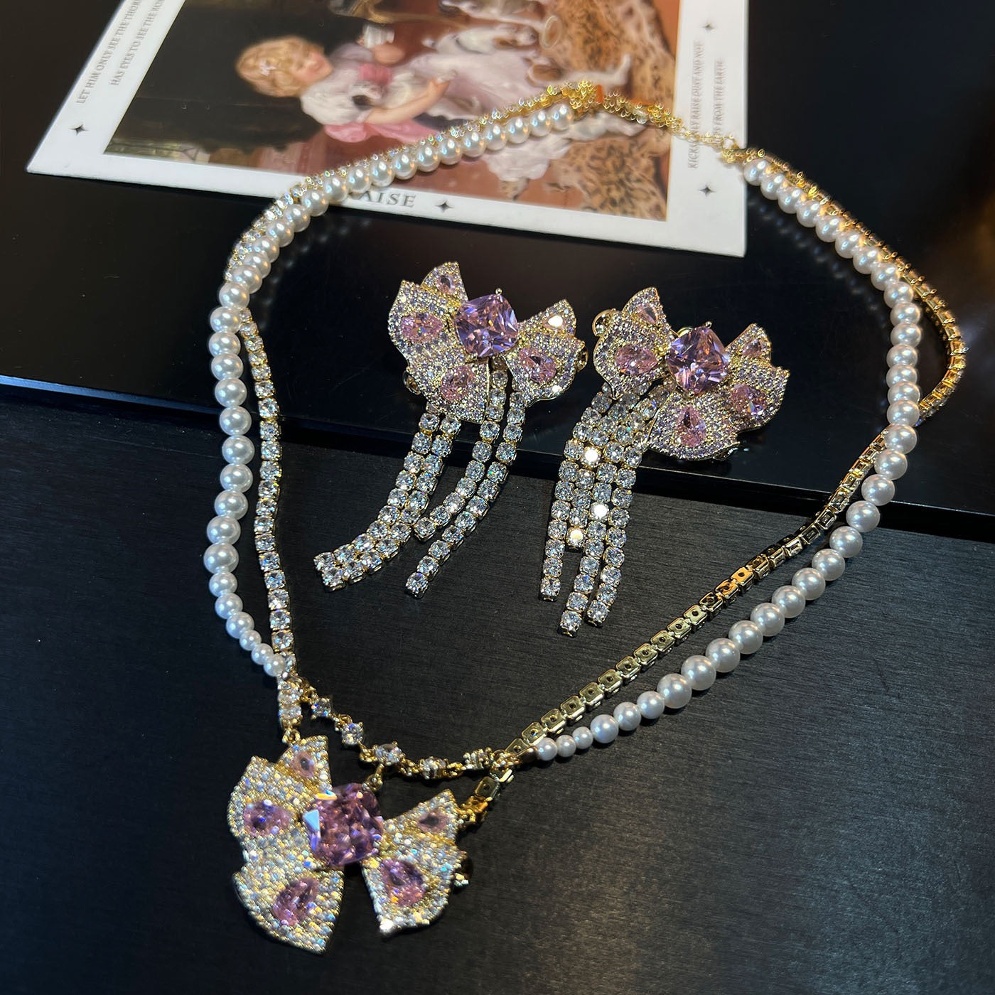 Kinetic Butterfly & Fringe Jewelry Set - Moving Tassel Earrings & Necklace - Art Nouveau Style