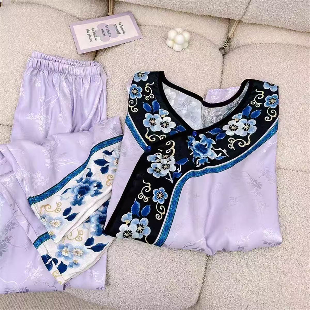 Qing Dynasty Princess Pajama Set – Vintage Court Floral Jacquard, Long-Sleeve