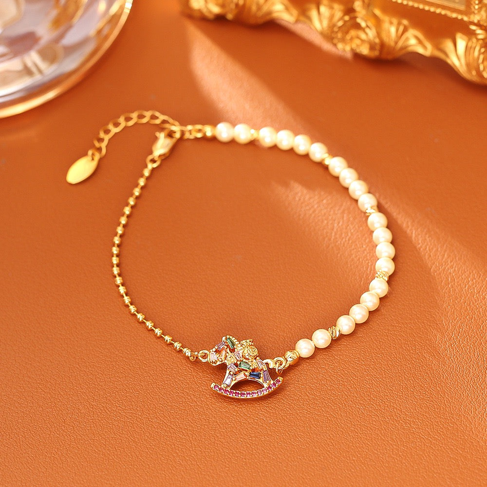 Colorful Zircon Pony Jewelry Set | New Chinese Style Zodiac Horse Necklace Bracelet Earrings | Festive Gift