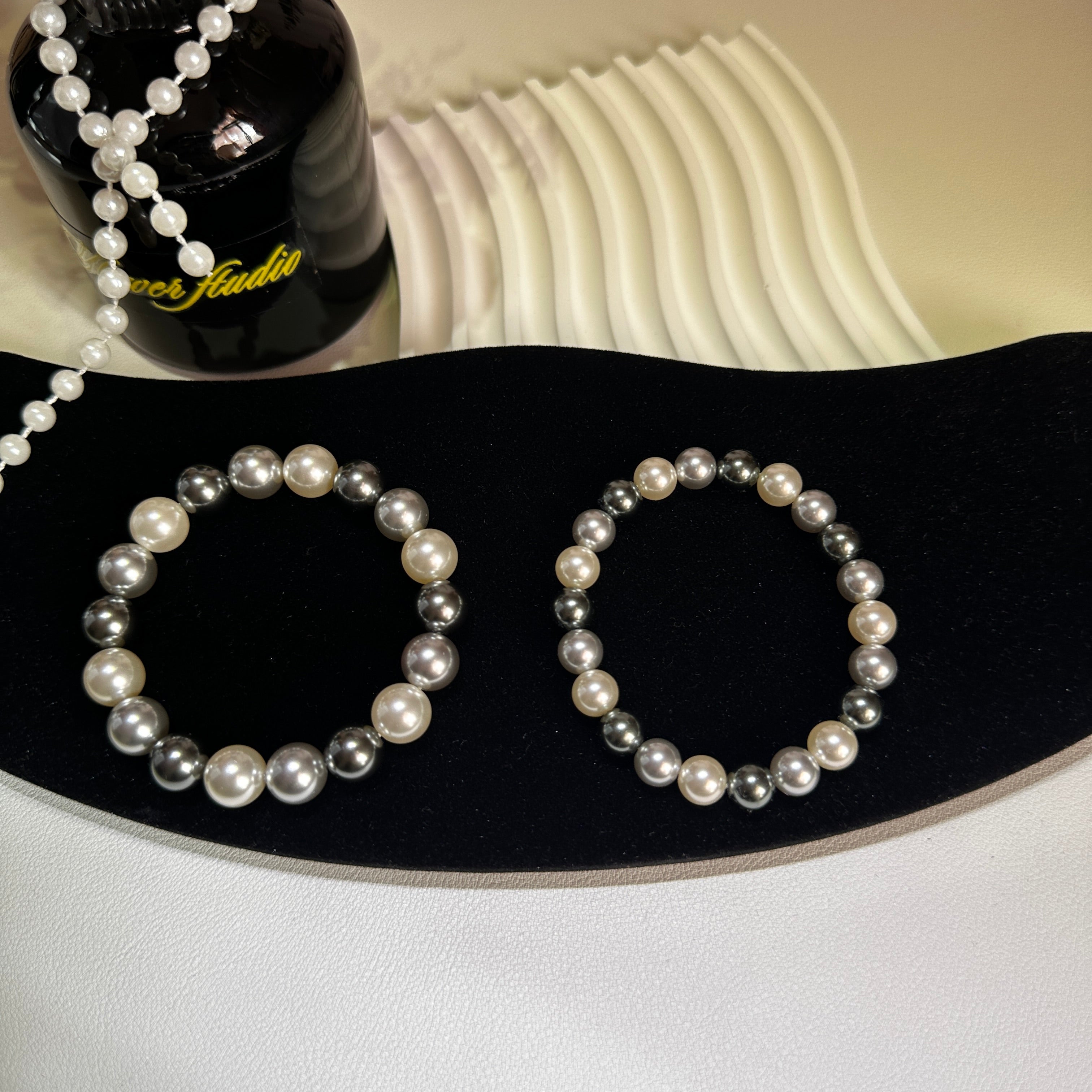 Black White Gray Pearl Bracelet - Mixed Size 8mm & 10mm Cultured Pearls on Elastic Cord | One-Size Fits Most - Pale Luna Jewelry