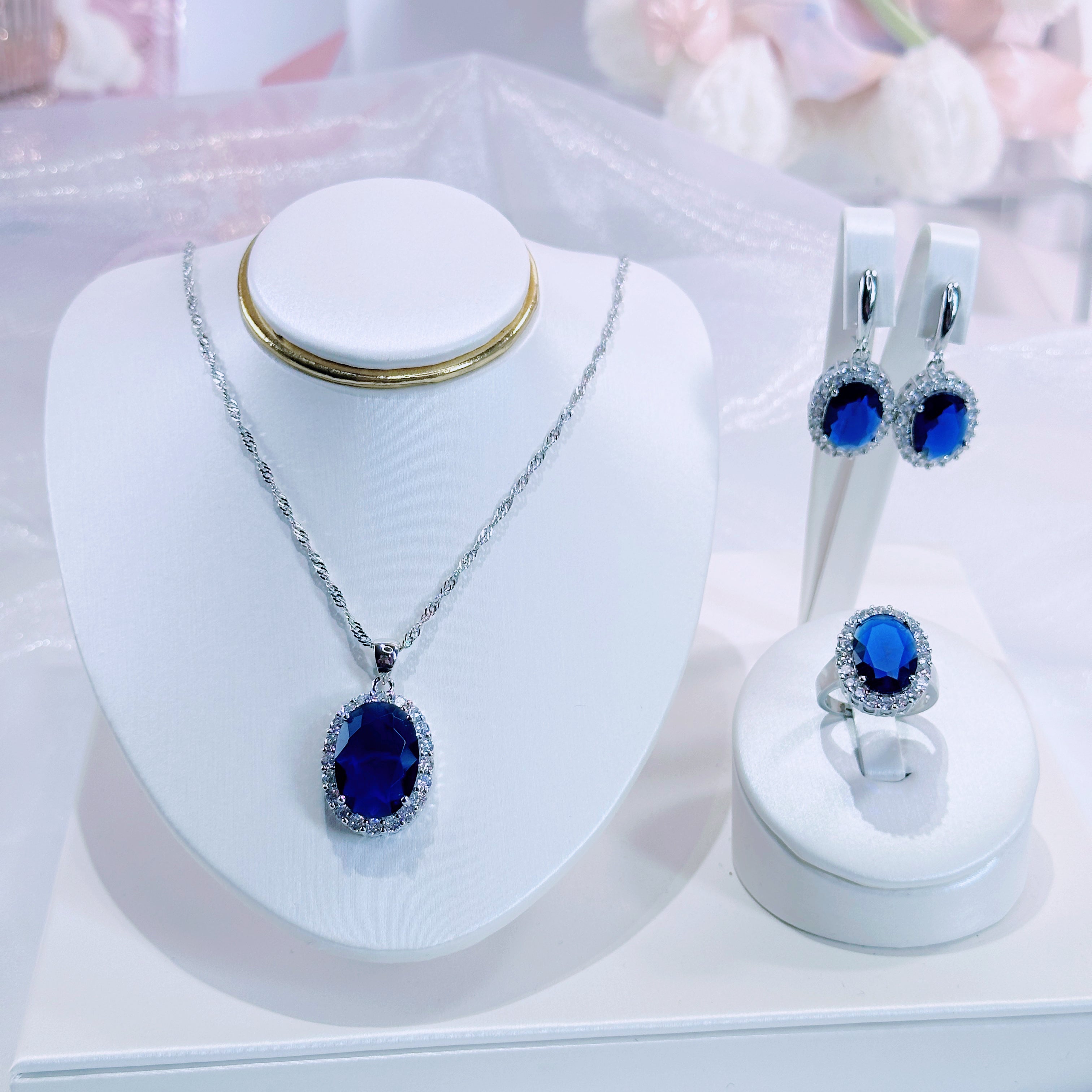 “Azure Constellation” 3-Piece Jewelry Set – Blue Gemstone Necklace, Earrings & Ring with Diamond Halo | Gold/Silver Tone