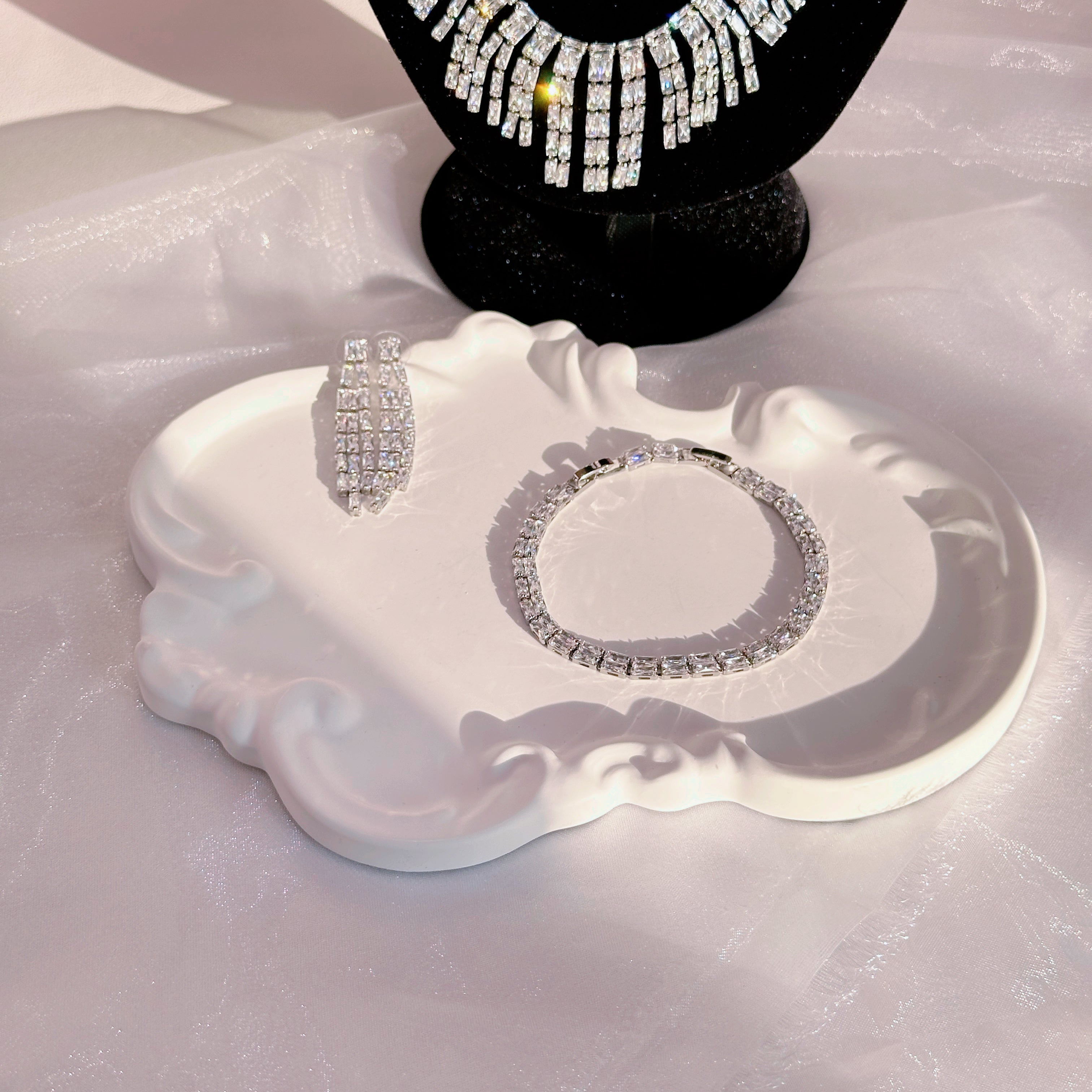 Double Layer Diamond Necklace Bracelet Earrings Set | Sapphire Ruby Emerald White Gemstone Jewelry Trio