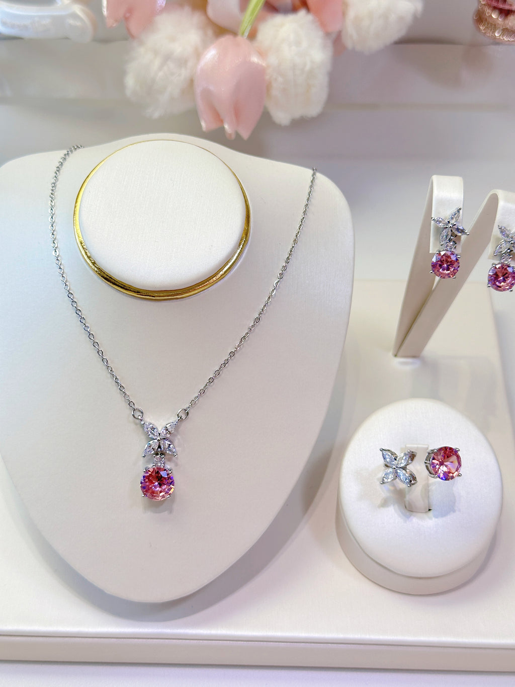 Delicate Pink Zircon Jewelry Set | Necklace, Earrings & Ring Trio