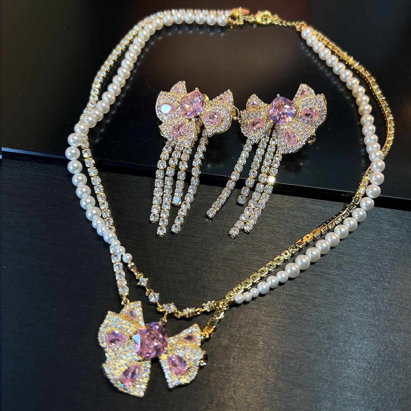 Kinetic Butterfly & Fringe Jewelry Set - Moving Tassel Earrings & Necklace - Art Nouveau Style