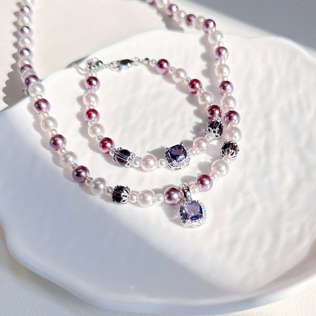 Misty Rose Duo – Purple Crystal Necklace & Bracelet Set | Elegant Swarovski-style Jewelry