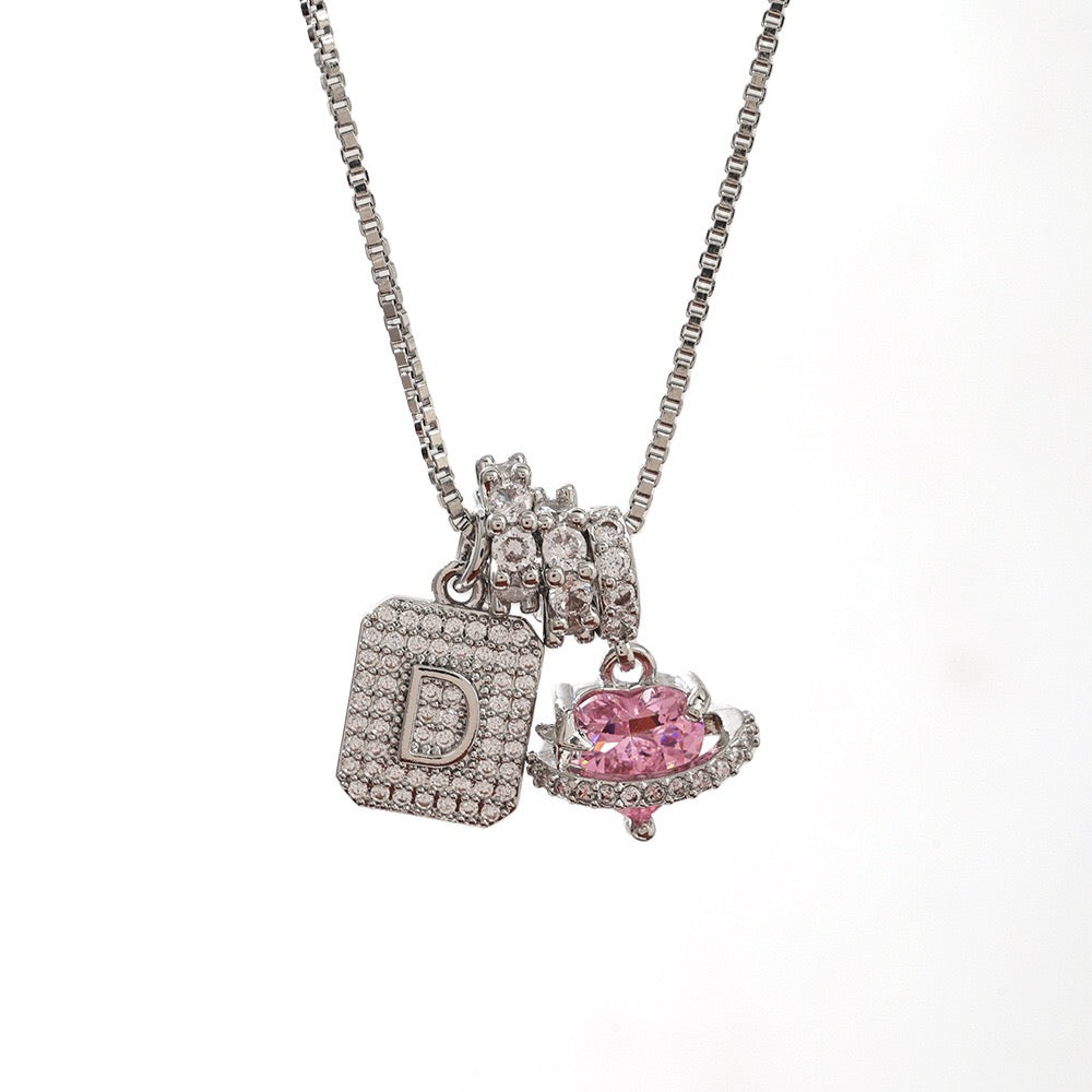 A Personalized Pink Heart Necklace - Custom Initial with CZ Stones | Dainty 40cm Chain