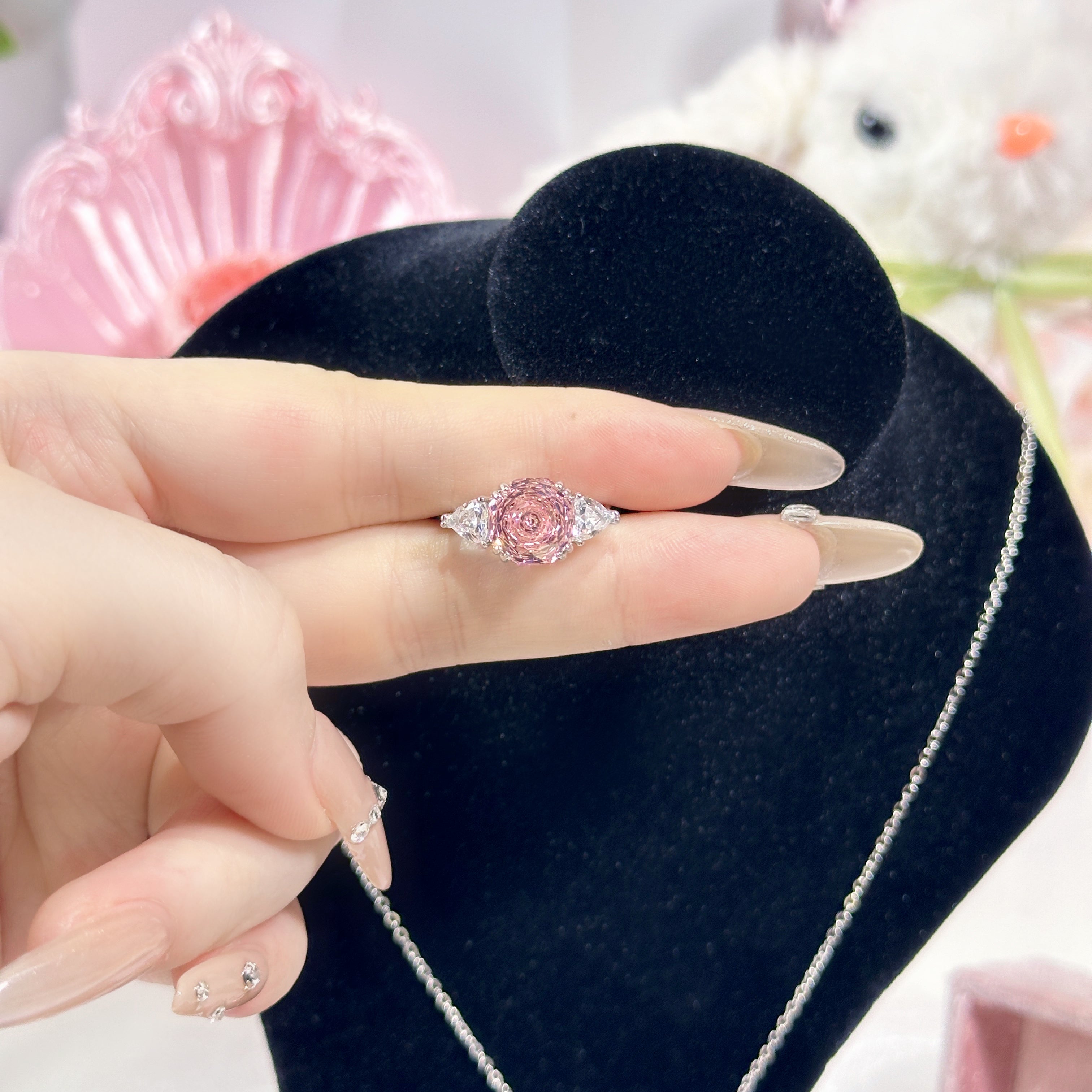 Deep Pink High Carbon Diamond Millennium Rose Cut Set | Octagon Ring Earrings Pendant Trio