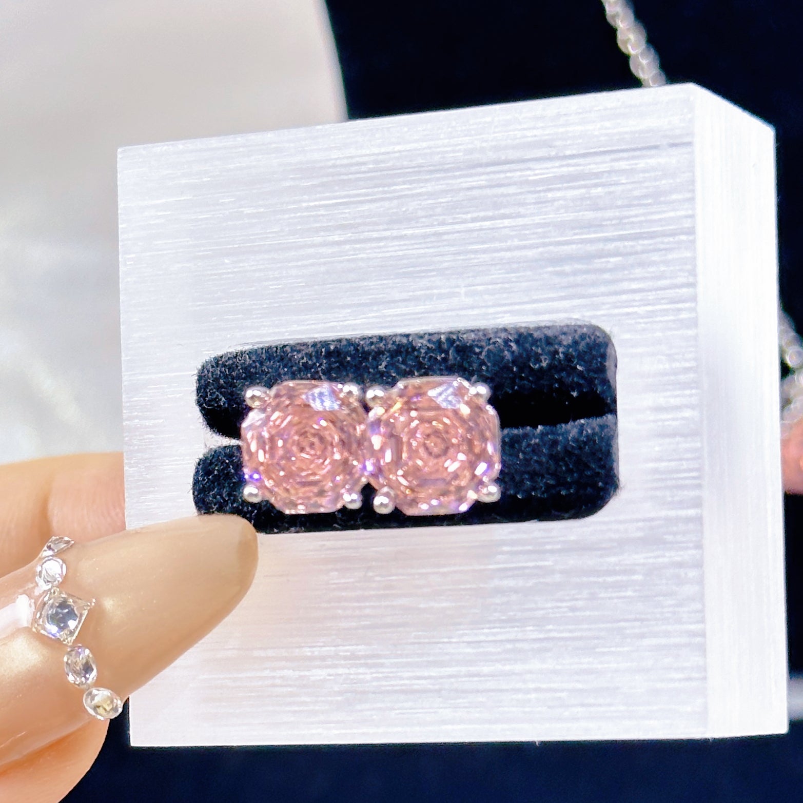 Deep Pink High Carbon Diamond Millennium Rose Cut Set | Octagon Ring Earrings Pendant Trio