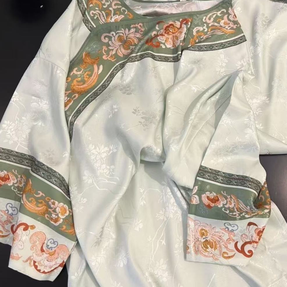 Qing Dynasty Princess Pajama Set – Vintage Court Floral Jacquard, Long-Sleeve
