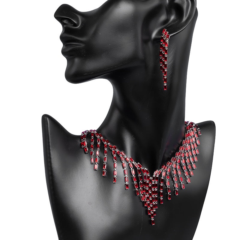 Double Layer Diamond Necklace Bracelet Earrings Set | Sapphire Ruby Emerald White Gemstone Jewelry Trio