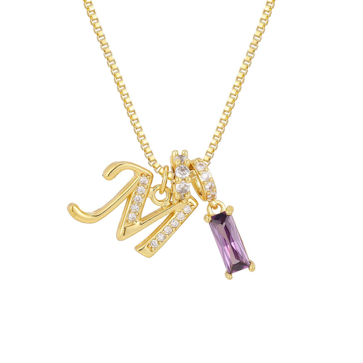 Gold Letter Necklace with Purple CZ - Rectangular Bar Pendant with Custom Initial | Personalized Jewelry