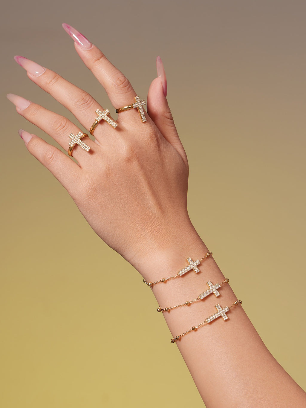 The Gilded Cross Suite - 4-Piece Vintage Necklace, Bracelet, Earrings & Ring Set