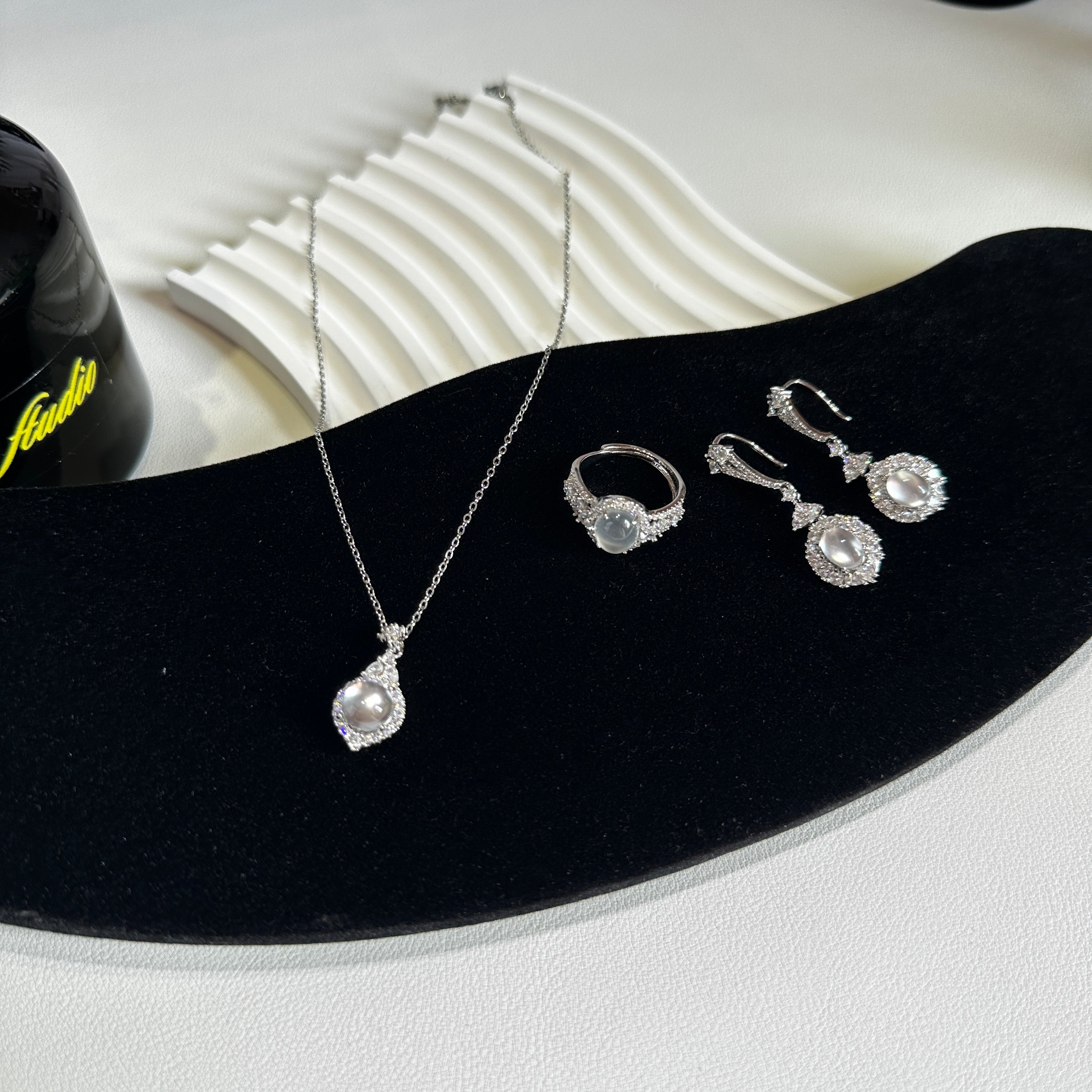 3-Piece Albite Jade Suite - Open Ring, Stud Earrings & Pendant Necklace | Complete Luxury Set - Pale Luna Jewelry