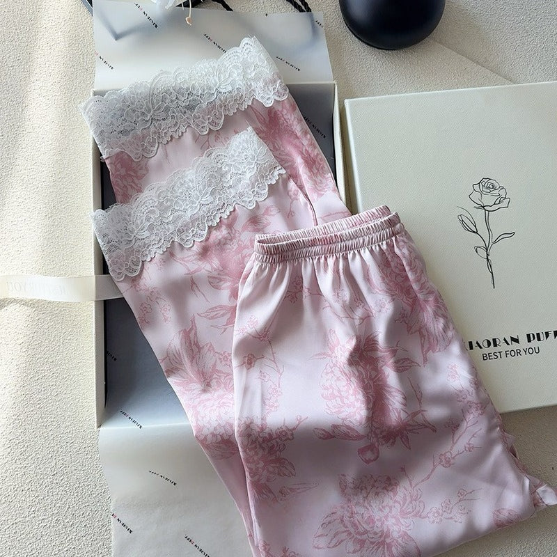 Lace Trim Ice-Silk Pajama Set – Long Sleeve Long Pants, Light Luxury Style