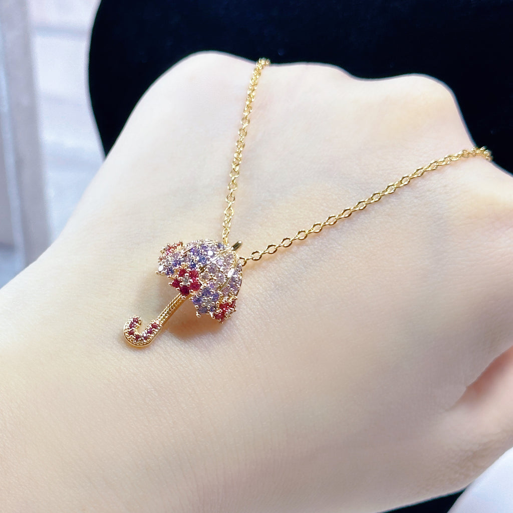 Umbrella Charm Jewelry Set - Necklace & Earrings - Rainbow Crystal & Rhinestone