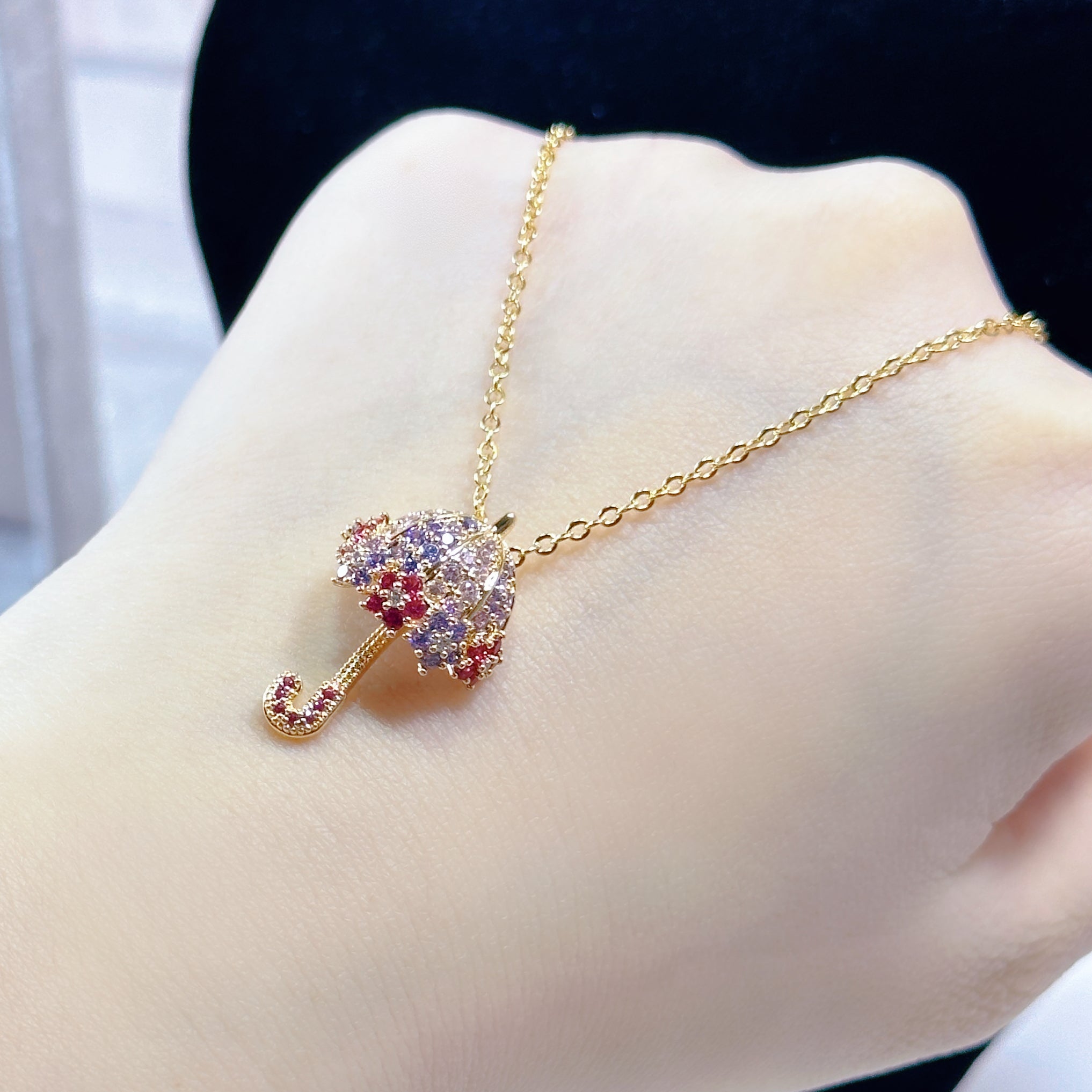 Umbrella Charm Jewelry Set - Necklace & Earrings - Rainbow Crystal & Rhinestone