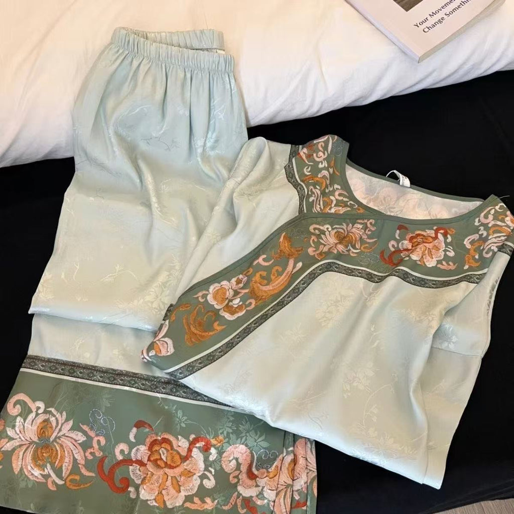 Qing Dynasty Princess Pajama Set – Vintage Court Floral Jacquard, Long-Sleeve
