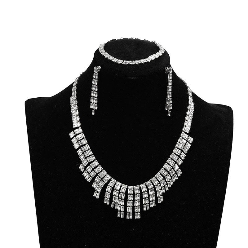 Double Layer Diamond Necklace Bracelet Earrings Set | Sapphire Ruby Emerald White Gemstone Jewelry Trio