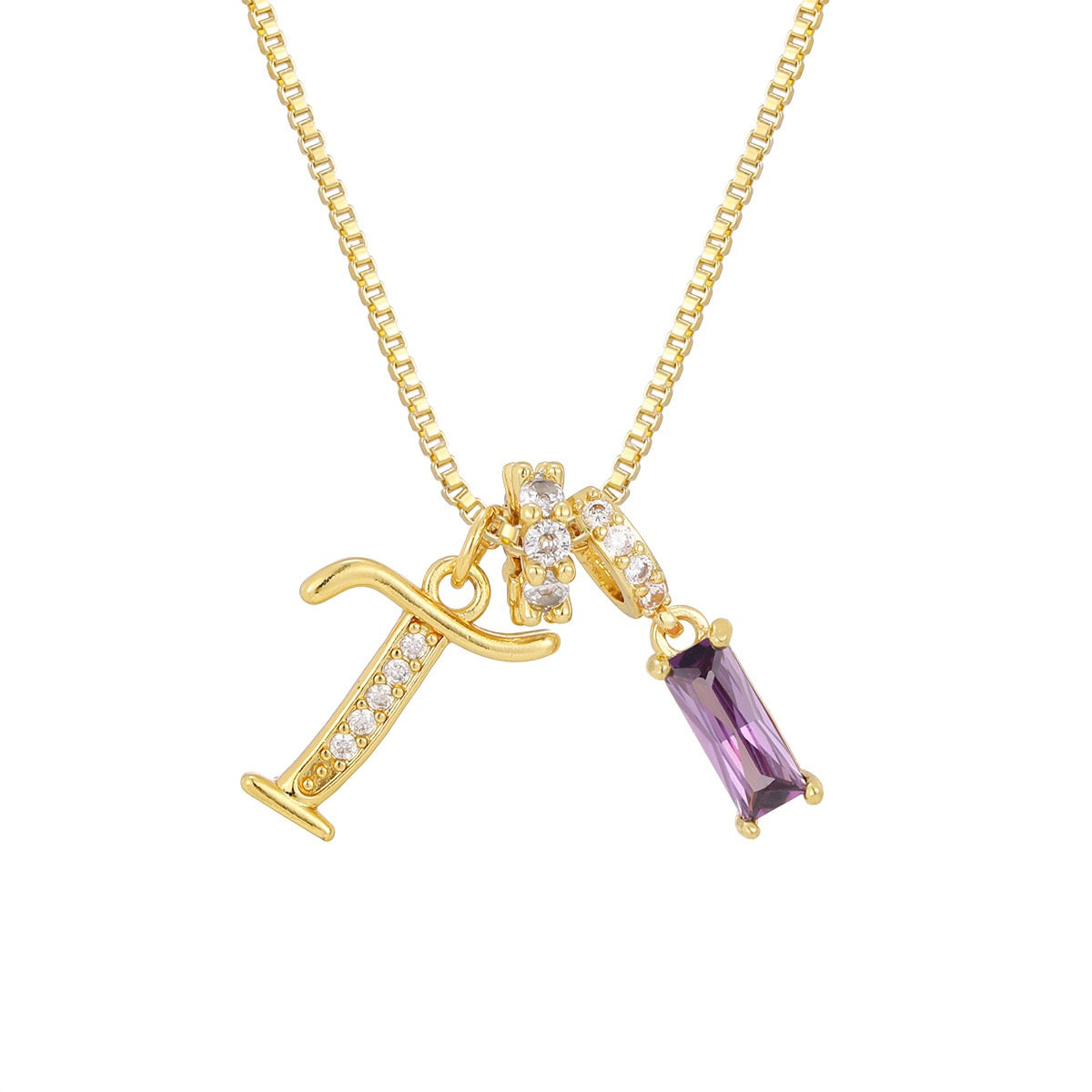 Gold Letter Necklace with Purple CZ - Rectangular Bar Pendant with Custom Initial | Personalized Jewelry