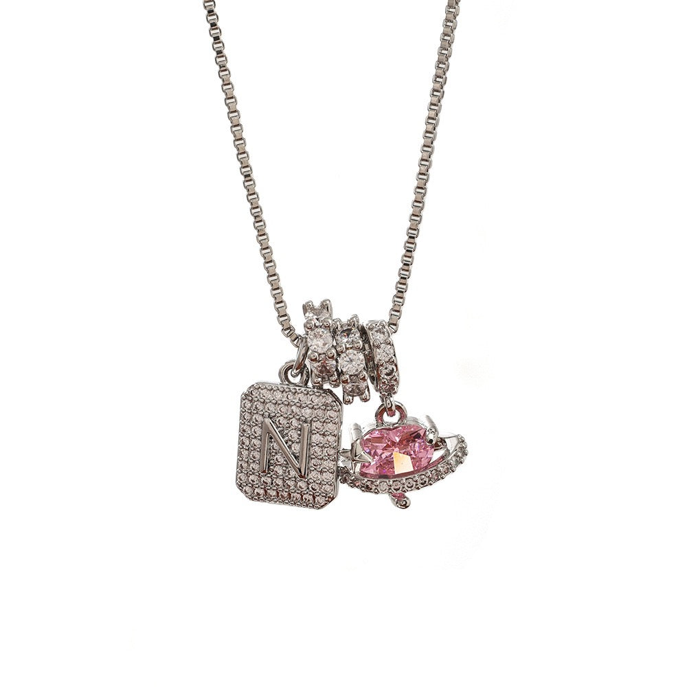 A Personalized Pink Heart Necklace - Custom Initial with CZ Stones | Dainty 40cm Chain