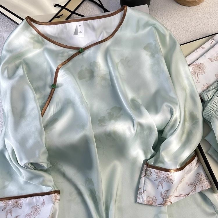 Summer Breeze Cooling Silk-Feel Pajama Set – 3/4 Sleeve Loungewear with Modern Oriental Floral, Plus Size up to 220 lbs
