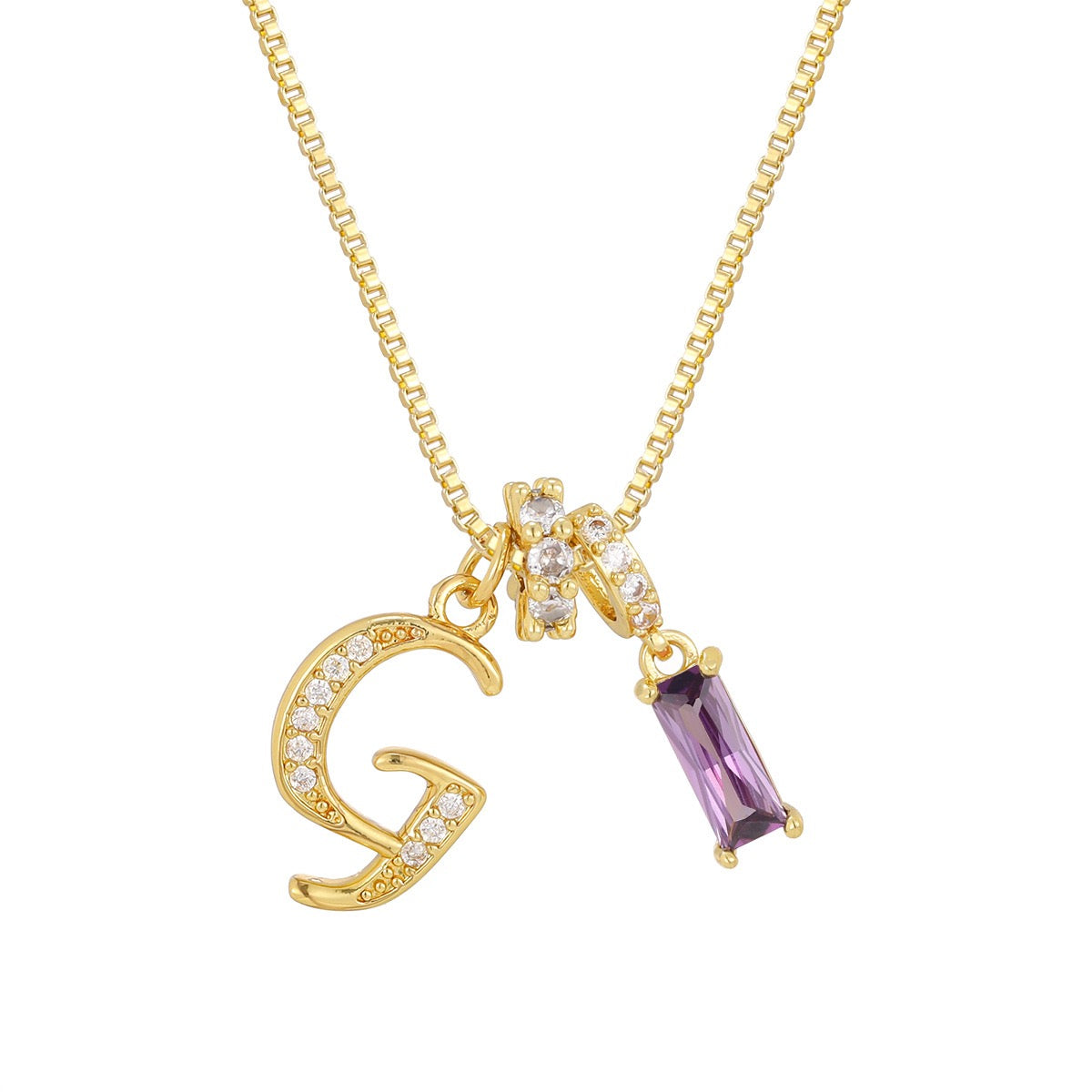 Gold Letter Necklace with Purple CZ - Rectangular Bar Pendant with Custom Initial | Personalized Jewelry