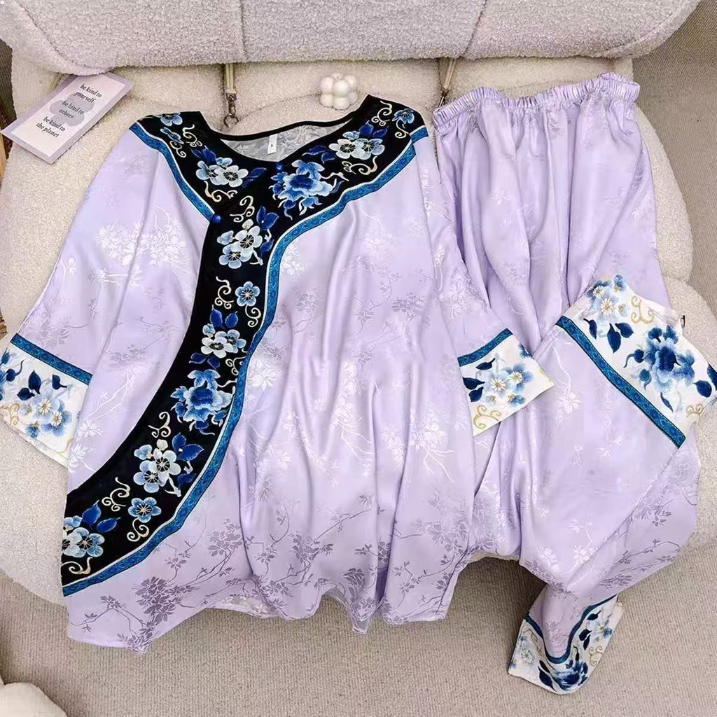 Qing Dynasty Princess Pajama Set – Vintage Court Floral Jacquard, Long-Sleeve