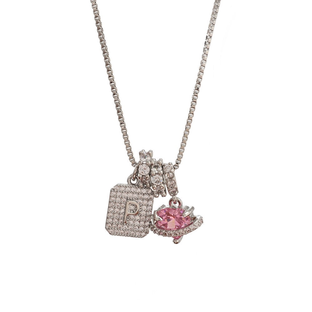 A Personalized Pink Heart Necklace - Custom Initial with CZ Stones | Dainty 40cm Chain
