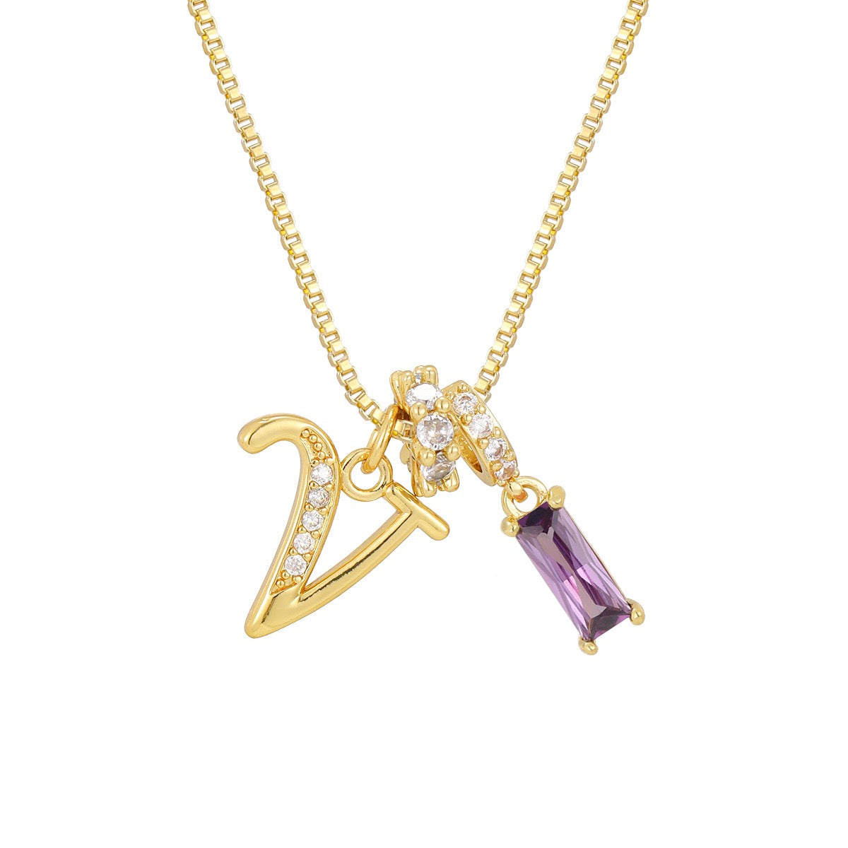 Gold Letter Necklace with Purple CZ - Rectangular Bar Pendant with Custom Initial | Personalized Jewelry