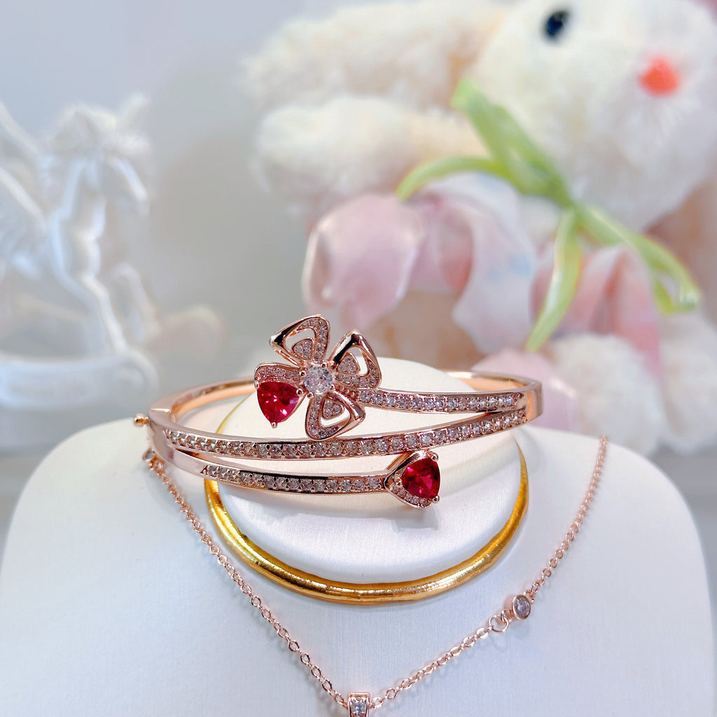Eternal Bloom Ruby Red Jewelry Set – Necklace, Ring & Bracelet | 4-Leaf Flower Collection for Women