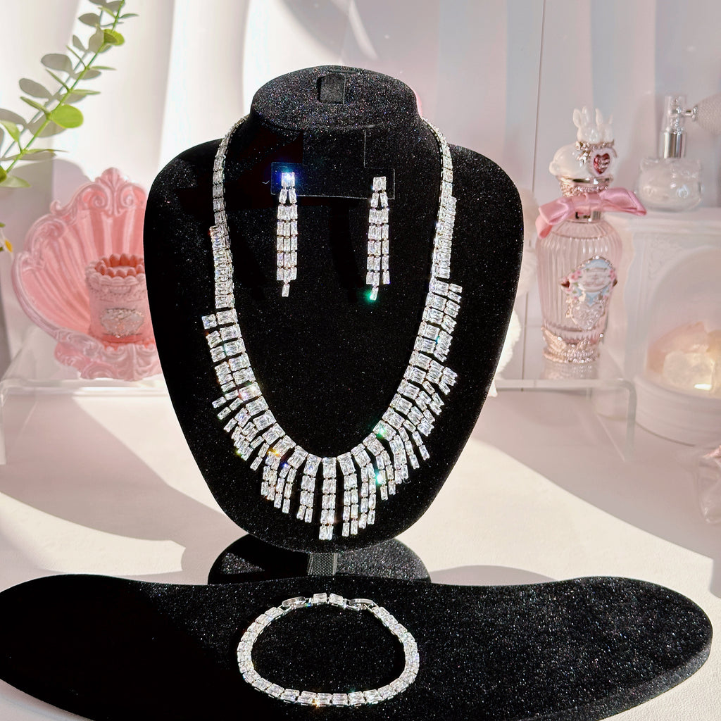 Double Layer Diamond Necklace Bracelet Earrings Set | Sapphire Ruby Emerald White Gemstone Jewelry Trio