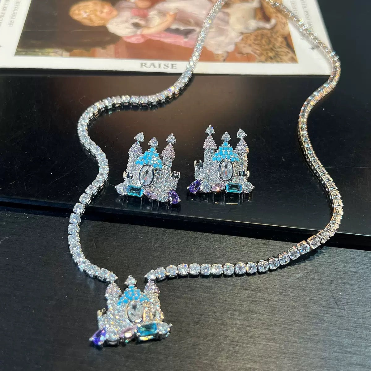Gothic Castle Jewelry Set - Necklace & Earrings - Micro-Pavé Zirconia Architectural Design