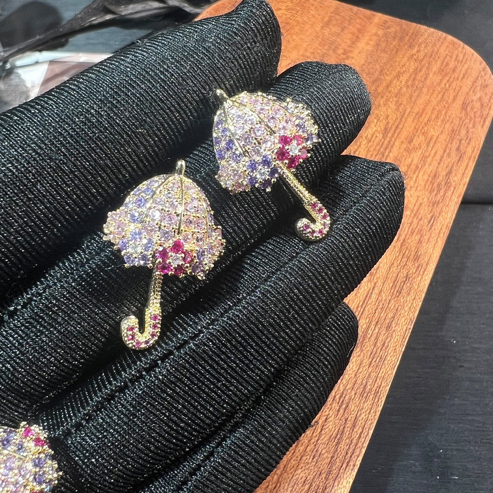 Umbrella Charm Jewelry Set - Necklace & Earrings - Rainbow Crystal & Rhinestone