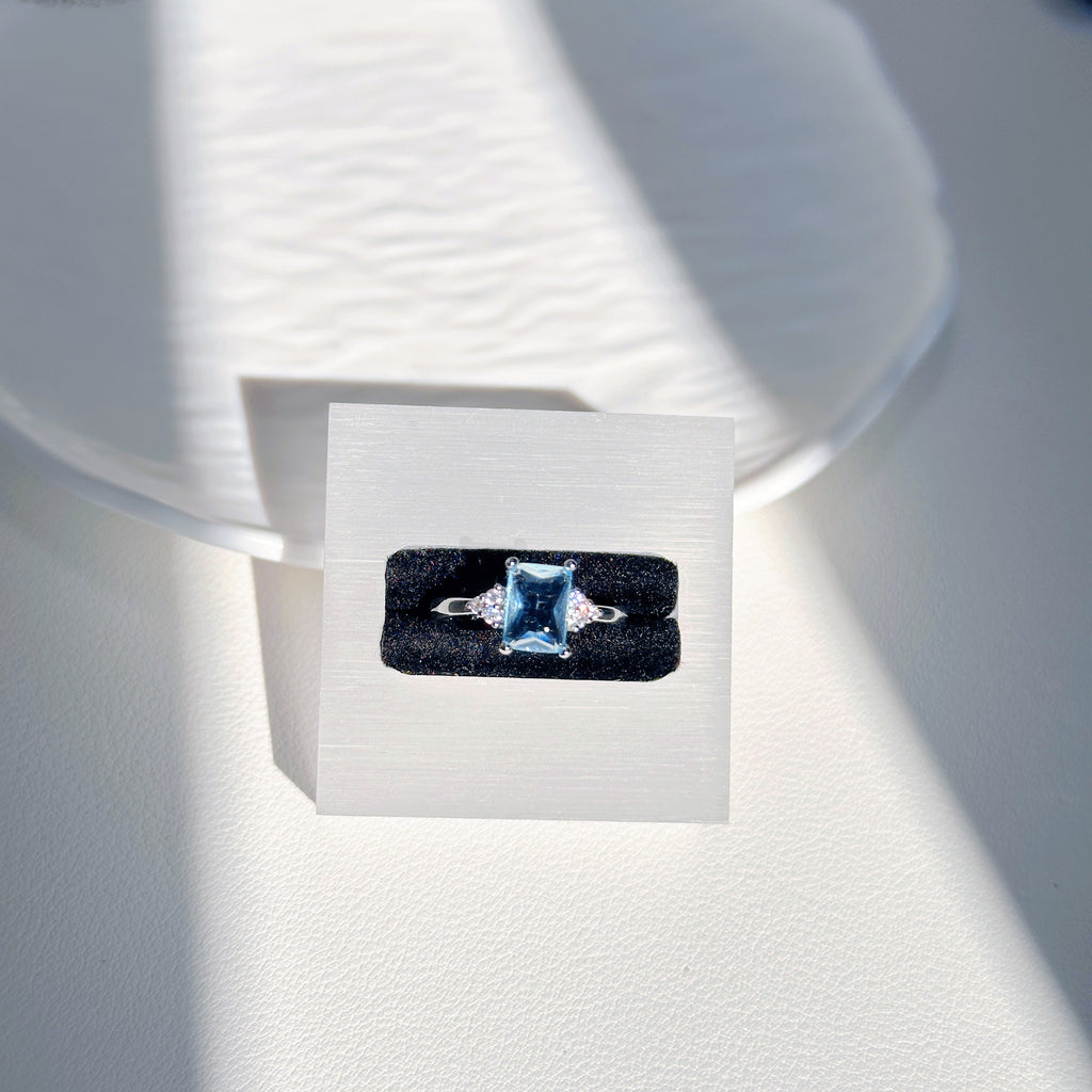 Aqua Serenity Set – s925 Sterling Silver Aquamarine Necklace & Ring | Dainty Teardrop Pendant & Square Band Ring