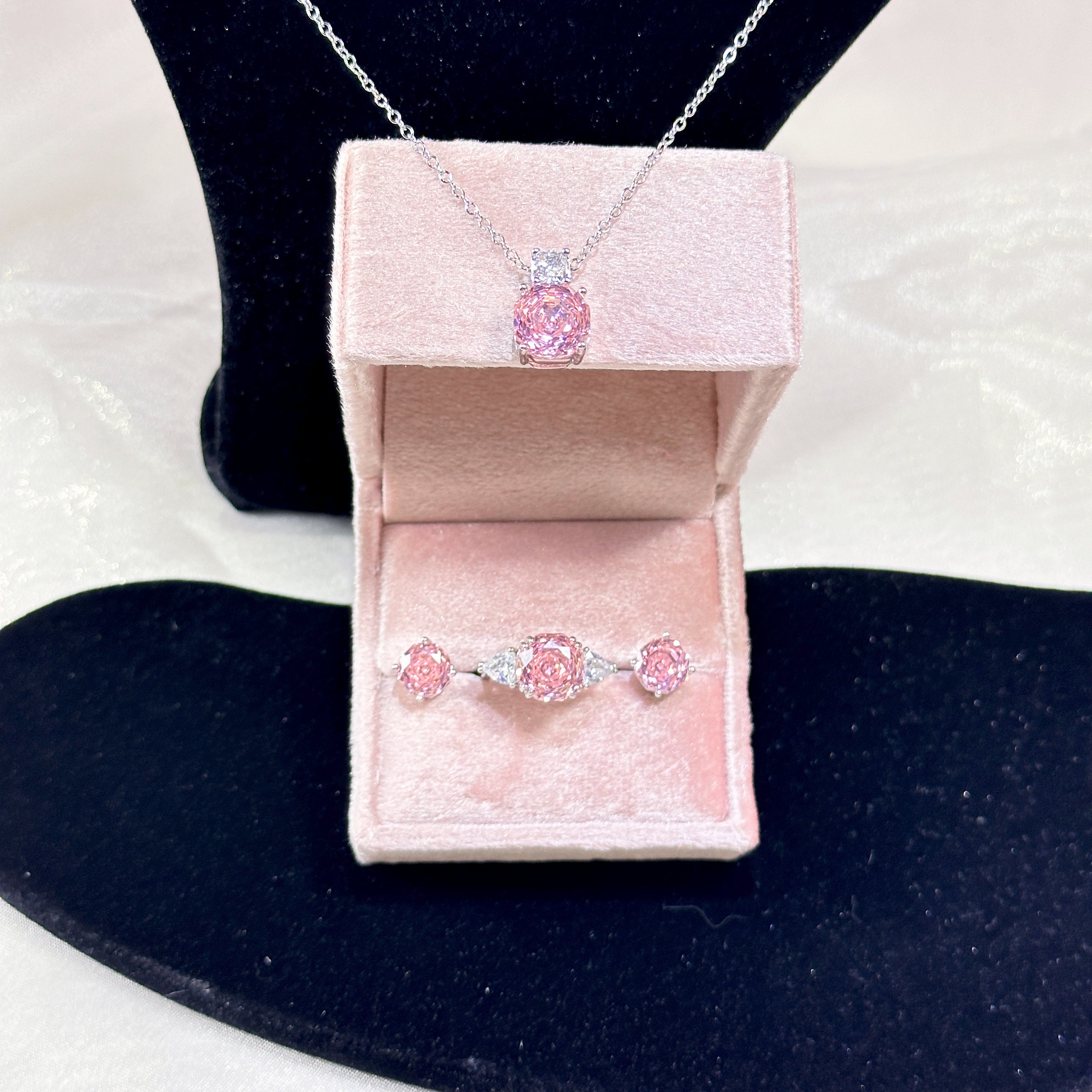 Deep Pink High Carbon Diamond Millennium Rose Cut Set | Octagon Ring Earrings Pendant Trio