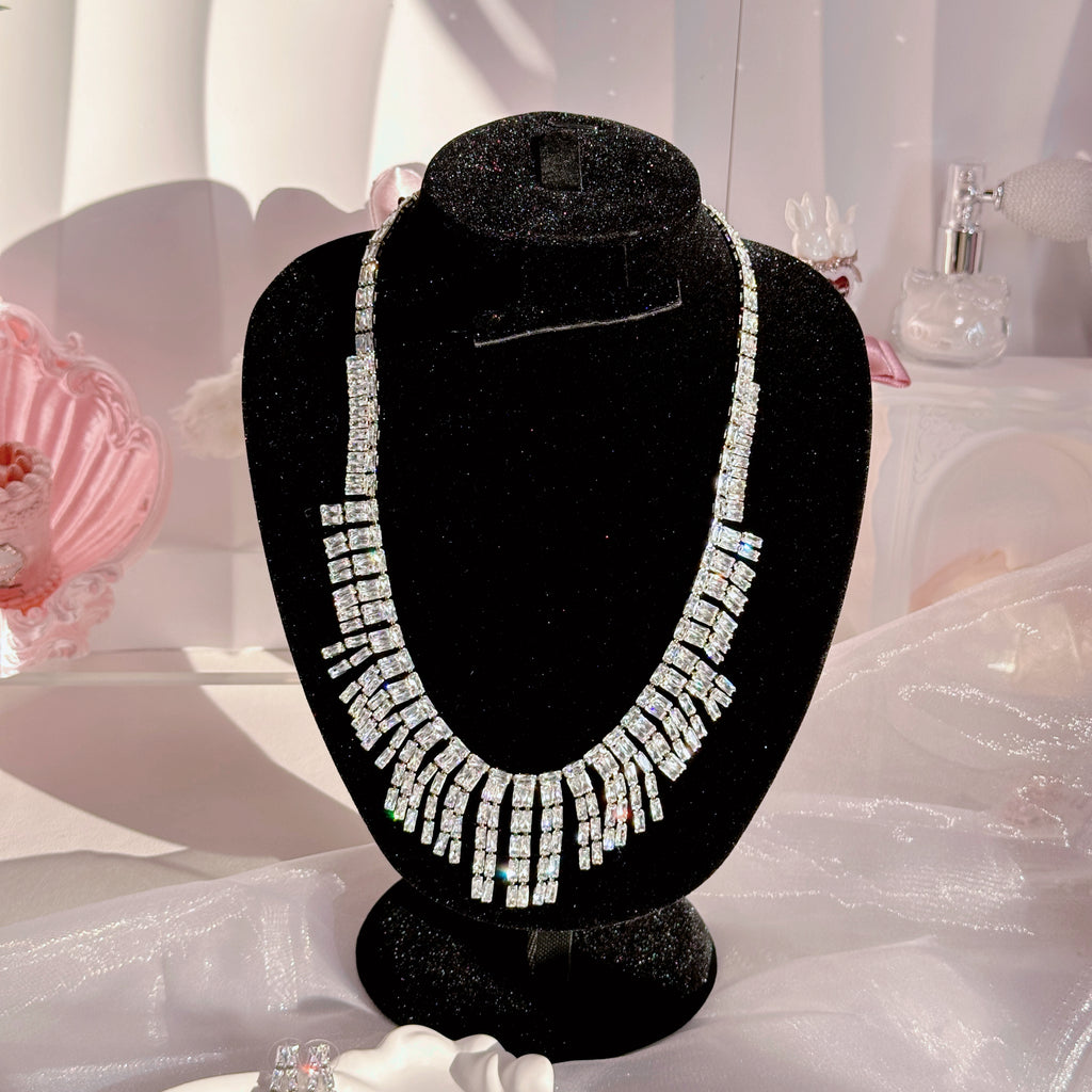 Double Layer Diamond Necklace Bracelet Earrings Set | Sapphire Ruby Emerald White Gemstone Jewelry Trio