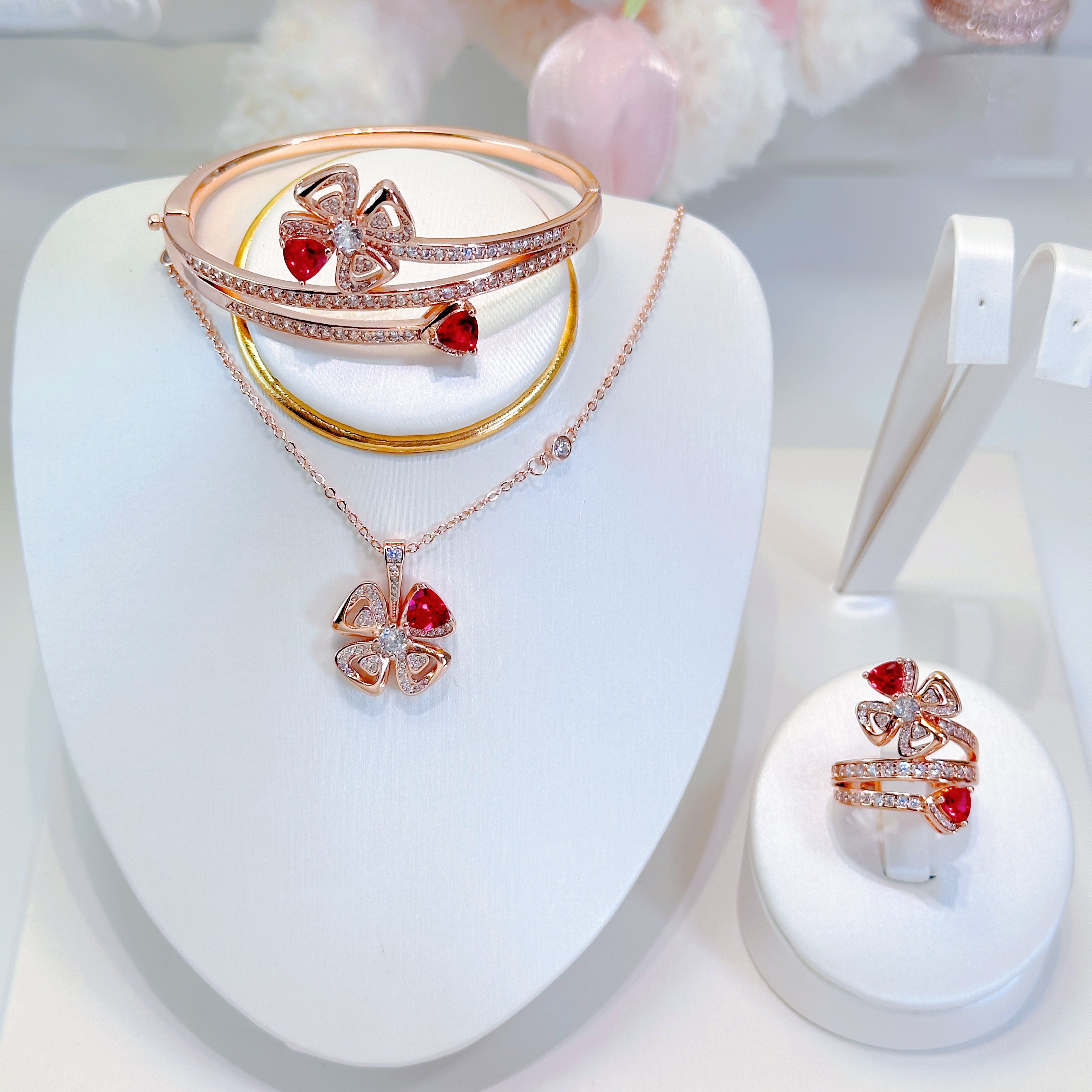 Eternal Bloom Ruby Red Jewelry Set – Necklace, Ring & Bracelet | 4-Leaf Flower Collection for Women