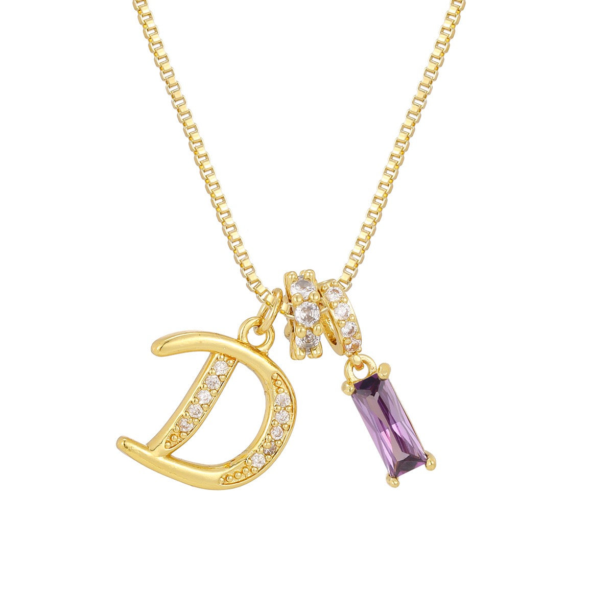 Gold Letter Necklace with Purple CZ - Rectangular Bar Pendant with Custom Initial | Personalized Jewelry