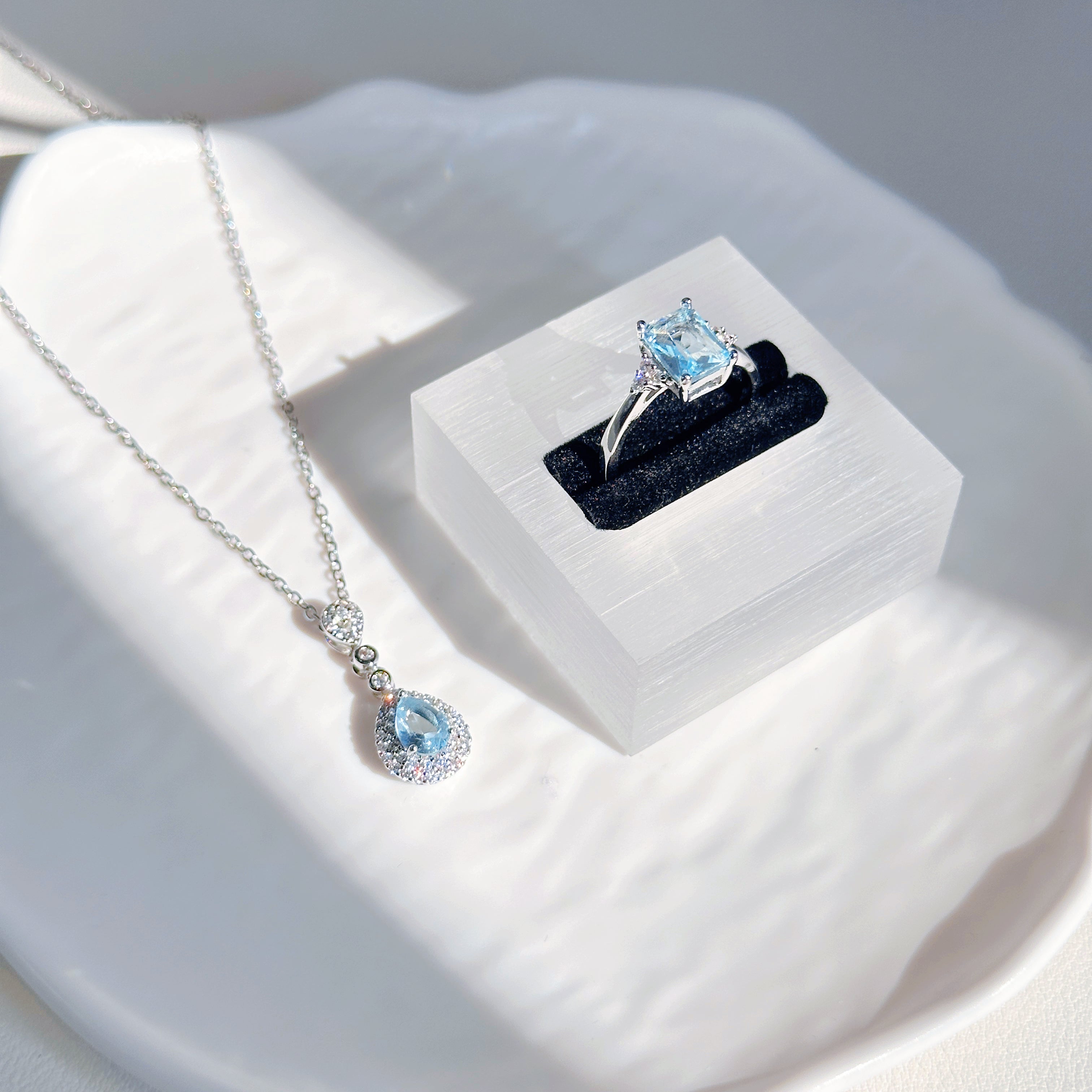 Aqua Serenity Set – s925 Sterling Silver Aquamarine Necklace & Ring | Dainty Teardrop Pendant & Square Band Ring
