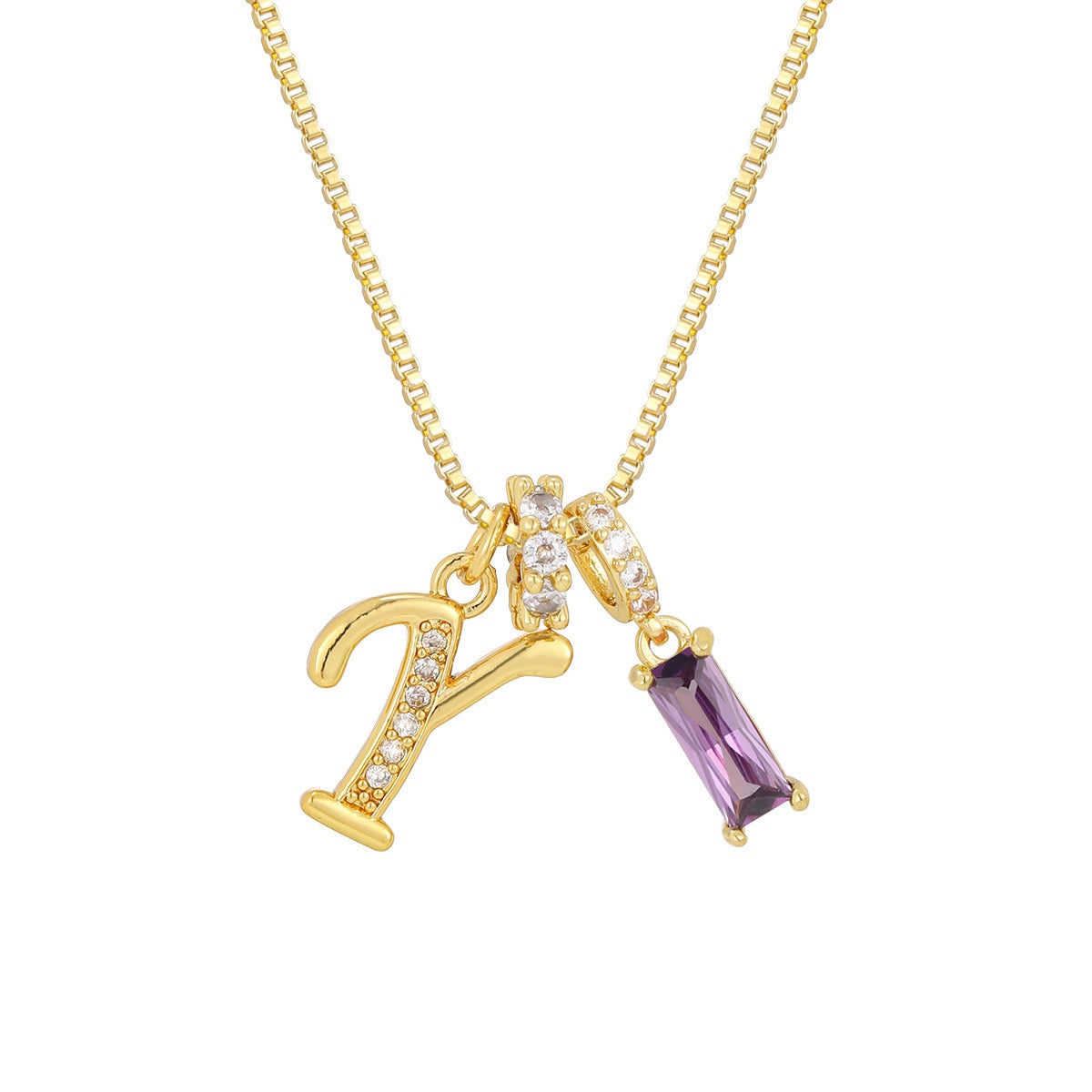 Gold Letter Necklace with Purple CZ - Rectangular Bar Pendant with Custom Initial | Personalized Jewelry