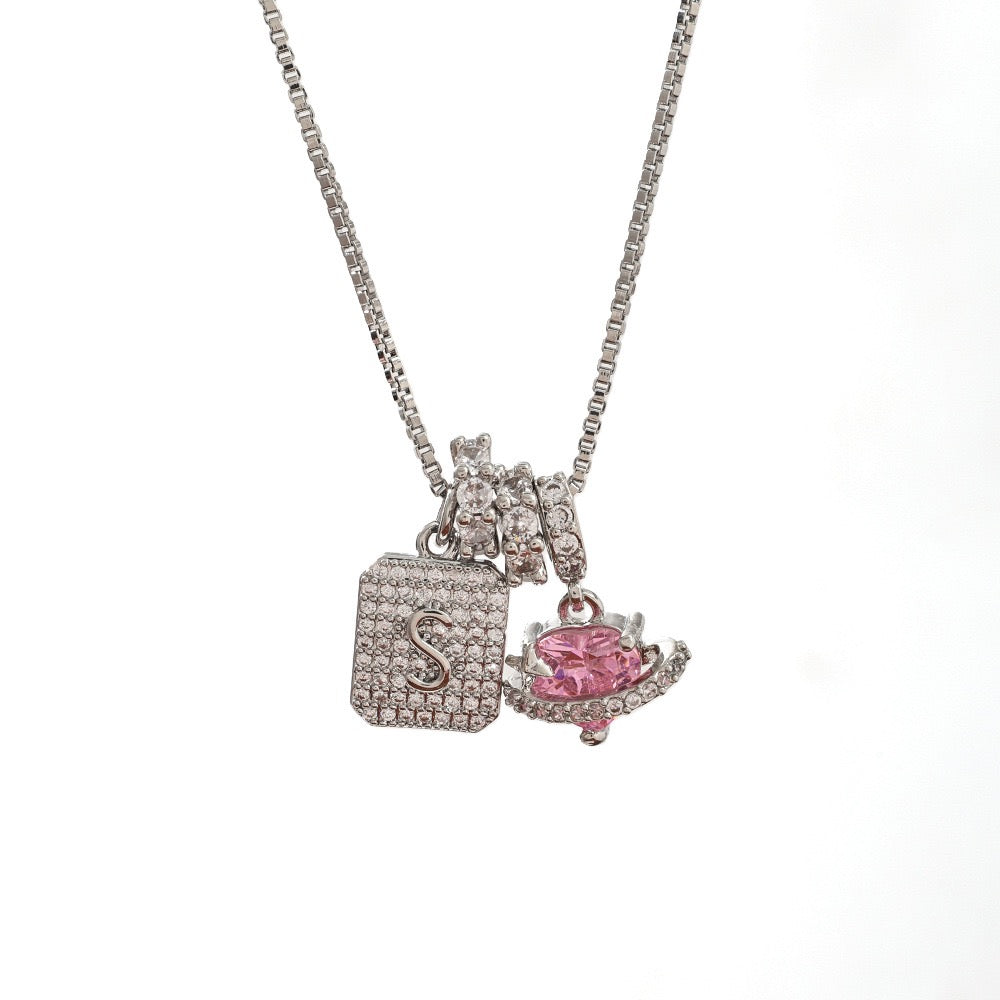 A Personalized Pink Heart Necklace - Custom Initial with CZ Stones | Dainty 40cm Chain