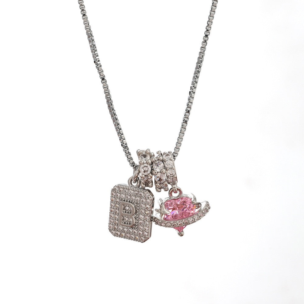 A Personalized Pink Heart Necklace - Custom Initial with CZ Stones | Dainty 40cm Chain